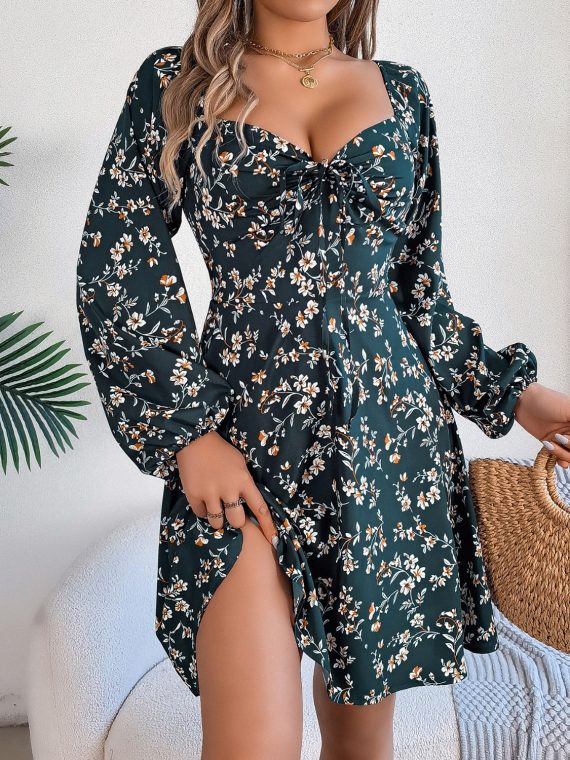 Printed Sweetheart Neck Balloon Sleeve Mini Dress - Image 17
