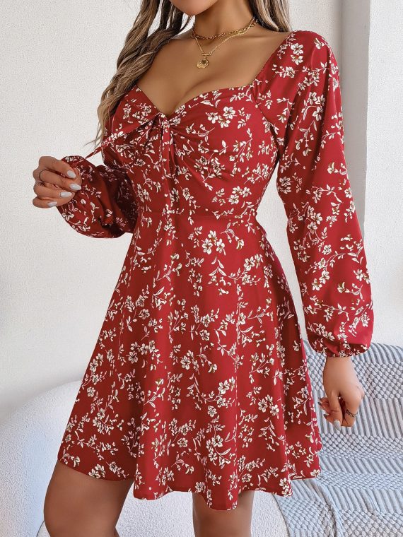 Printed Sweetheart Neck Balloon Sleeve Mini Dress - Image 9