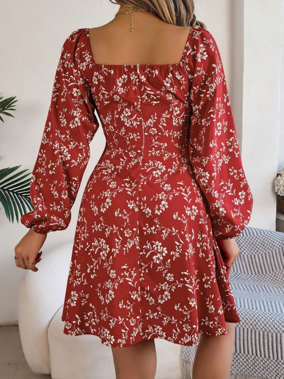 Printed Sweetheart Neck Balloon Sleeve Mini Dress - Image 8