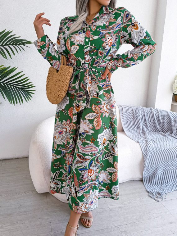 Tied Printed Long Sleeve Midi Dress - Image 17