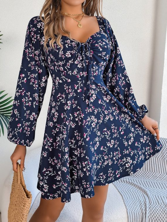 Printed Sweetheart Neck Balloon Sleeve Mini Dress - Image 4