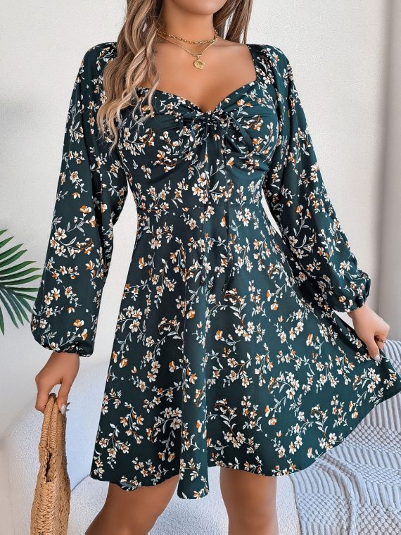 Printed Sweetheart Neck Balloon Sleeve Mini Dress - Image 16