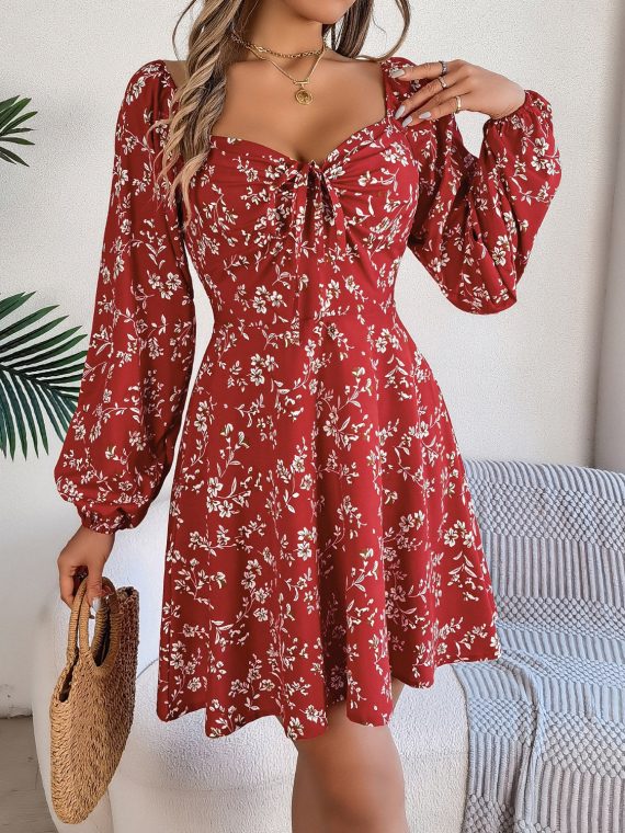 Printed Sweetheart Neck Balloon Sleeve Mini Dress - Image 11