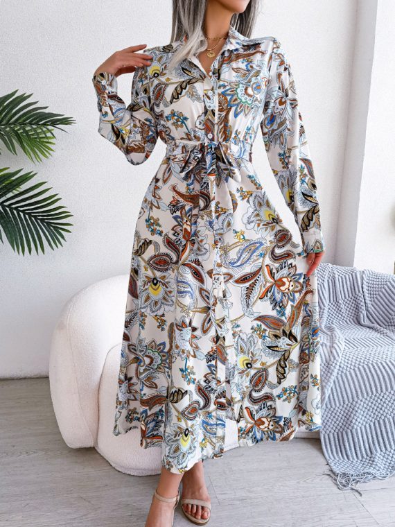 Tied Printed Long Sleeve Midi Dress - Image 7
