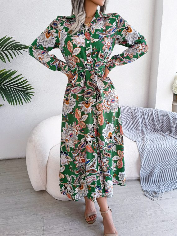 Tied Printed Long Sleeve Midi Dress - Image 13