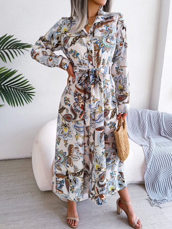 Tied Printed Long Sleeve Midi Dress - Image 11