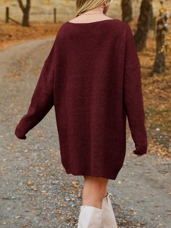V-Neck Dropped Shoulder Sweater Dress - Image 17