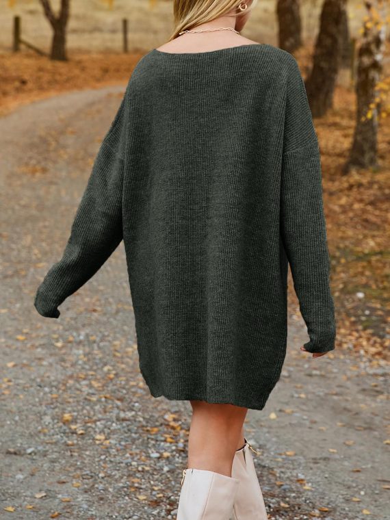 V-Neck Dropped Shoulder Sweater Dress - Image 24