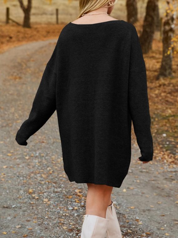 V-Neck Dropped Shoulder Sweater Dress - Image 14