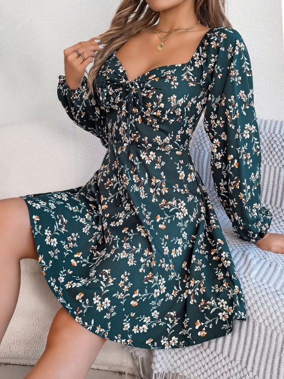 Printed Sweetheart Neck Balloon Sleeve Mini Dress - Image 18