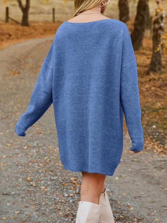 V-Neck Dropped Shoulder Sweater Dress - Image 8