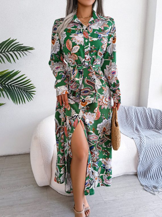 Tied Printed Long Sleeve Midi Dress - Image 16