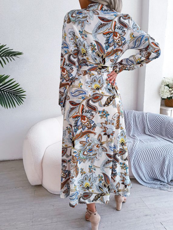 Tied Printed Long Sleeve Midi Dress - Image 9