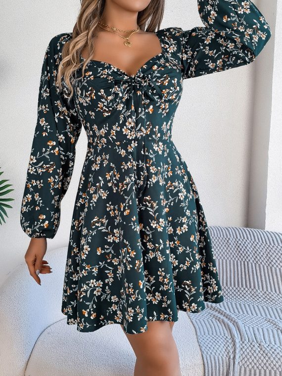 Printed Sweetheart Neck Balloon Sleeve Mini Dress - Image 13