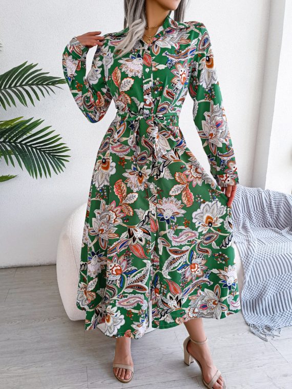 Tied Printed Long Sleeve Midi Dress - Image 14