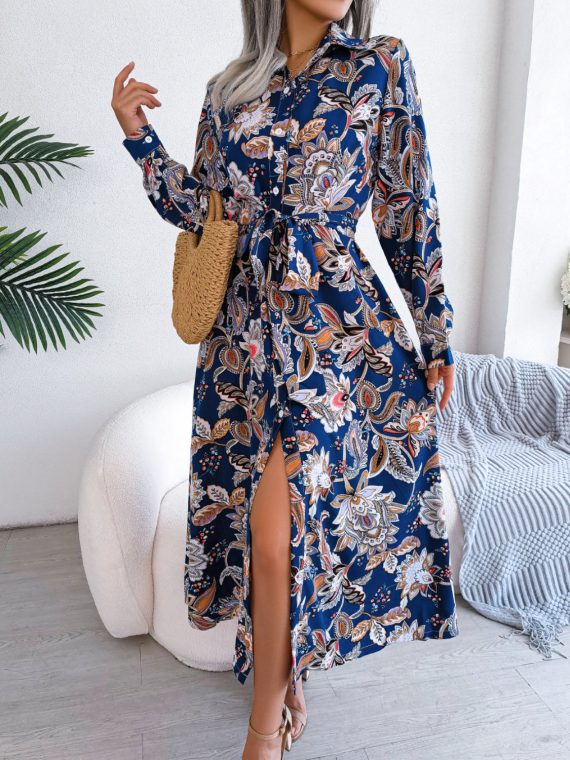 Tied Printed Long Sleeve Midi Dress - Image 4