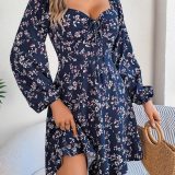 Printed Sweetheart Neck Balloon Sleeve Mini Dress