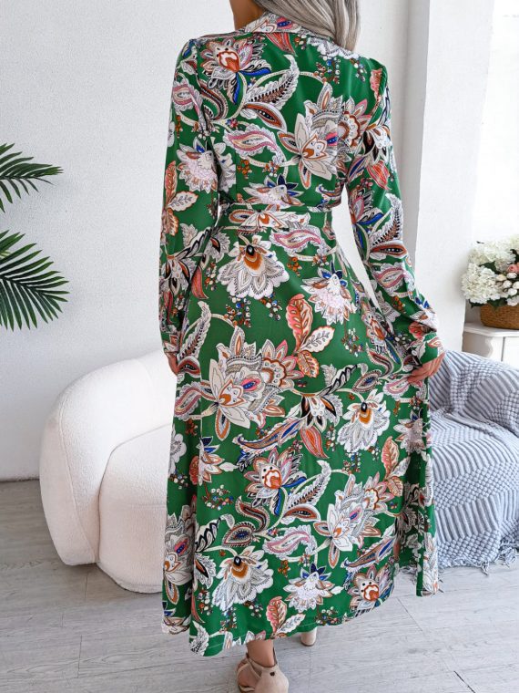 Tied Printed Long Sleeve Midi Dress - Image 15