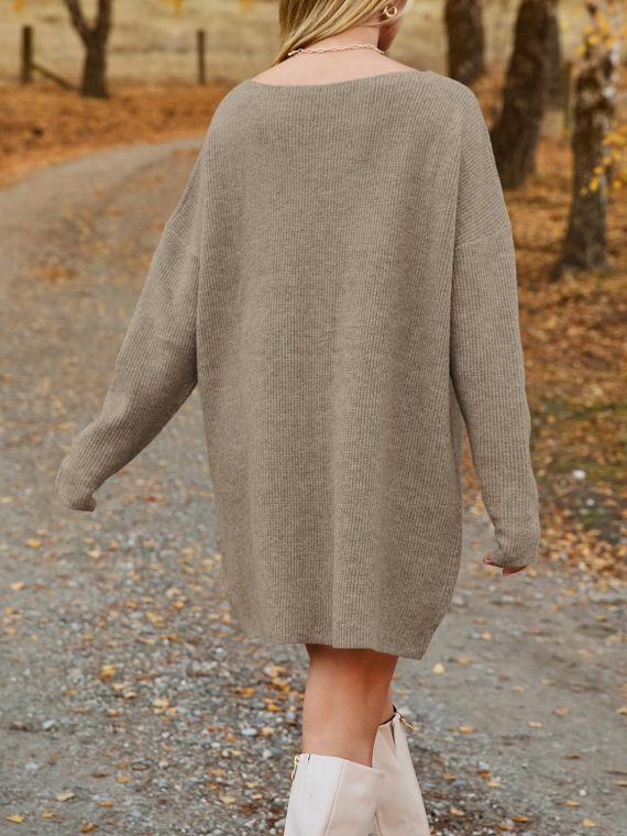 V-Neck Dropped Shoulder Sweater Dress - Image 2