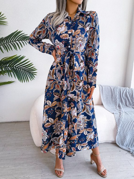 Tied Printed Long Sleeve Midi Dress - Image 3